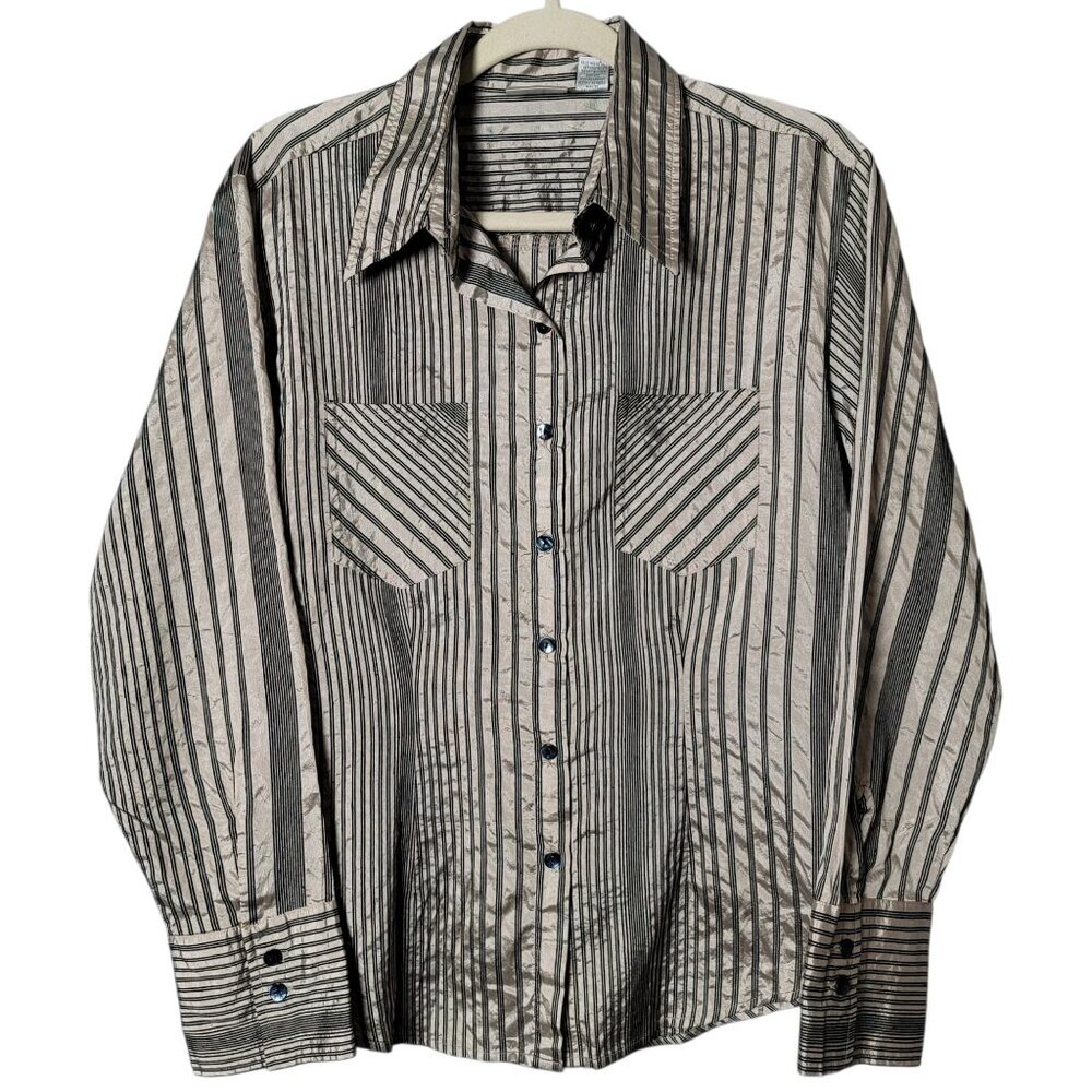 Chico's Metallic Silk Blend Striped Long Sleeve Button Up Work Shirt Size 1 M